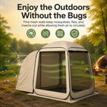 Three-step quick setup of the pop-up screen tent: unzip, pop, enjoy