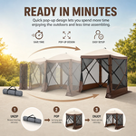 Three-step quick setup of the pop-up screen tent: unzip, pop, enjoy