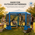 Three-step setup sequence showing the gazebo unfold, pop up and stand ready