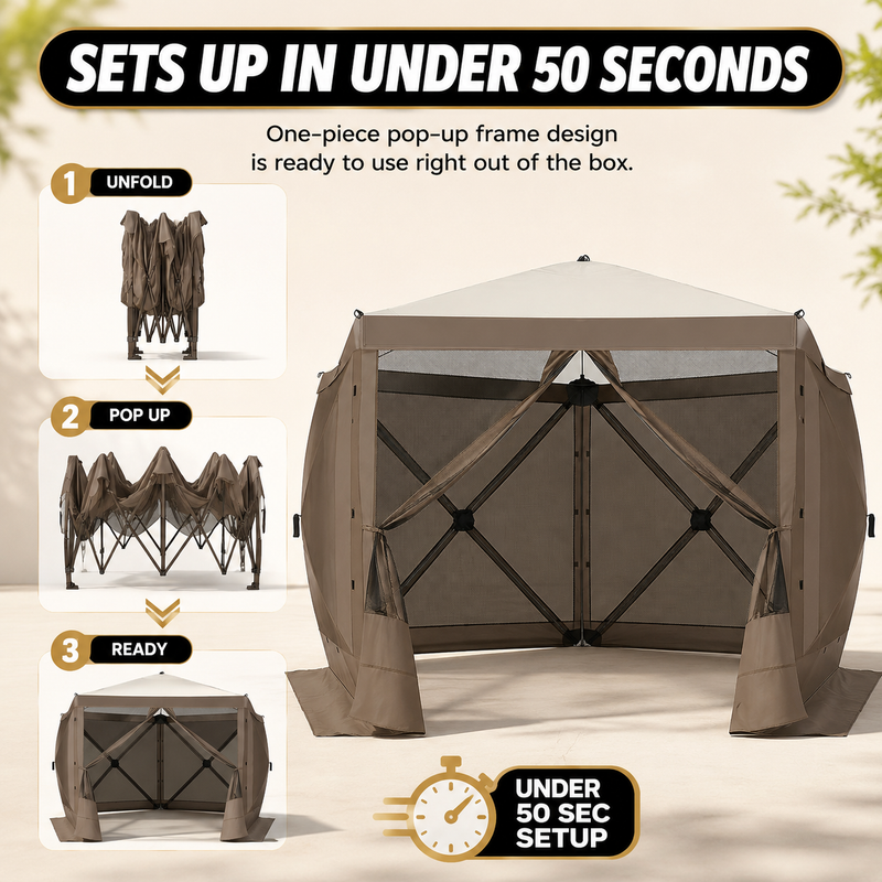 Three-step setup sequence showing the gazebo unfold, pop up and stand ready