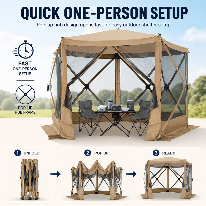 Three-step setup sequence showing the gazebo unfold, pop up and stand ready