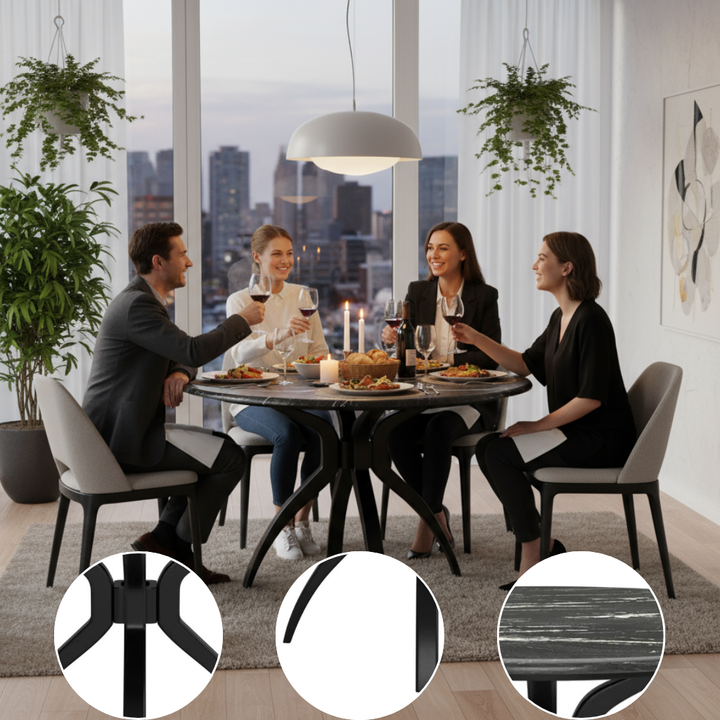 Sumay Dining Table Black – Glossy Stone & Steel | Modern Dining Table | Trufairs