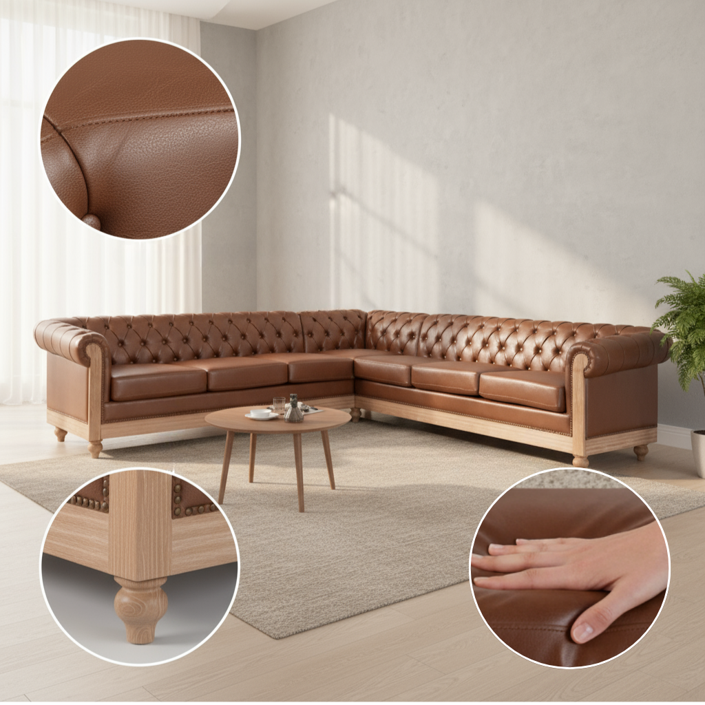 Mirod Comfy Large Sectional Sofa with Wooden Legs – Retro Style 6-Person PU Upholstered Living Room Sofa with Foam & Pocket Spring Seating | Trufairs