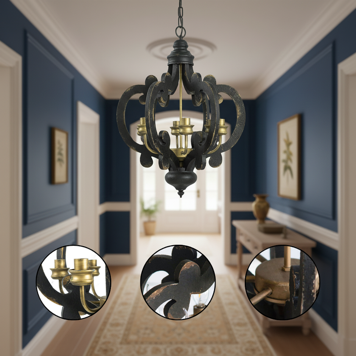 French Country Wood Chandelier, 6-Light Farmhouse Pendant Light Fixture with 28" Adjustable Chain for Kitchen Foyer Hallway, Bulb Not Included