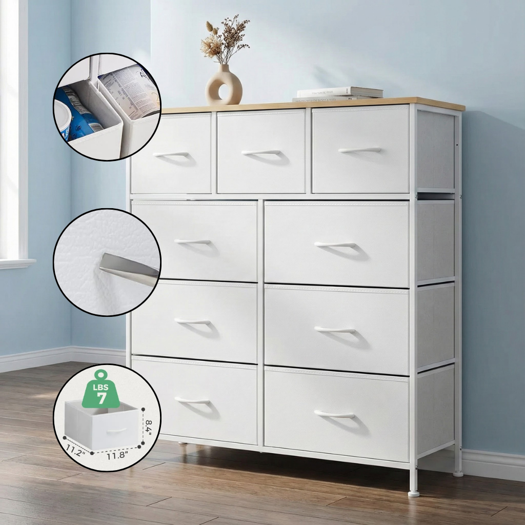 Tall 9-Drawer Fabric Dresser – Metal Frame, Wooden Top Organizer | Bedroom & Nursery Storage Tower | Trufairs