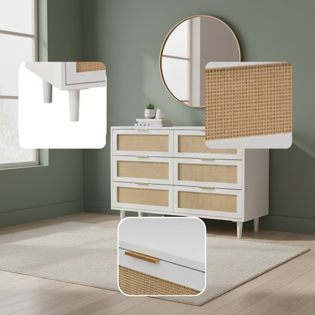 Rattan 6-Drawer Storage Cabinet – Stylish White Bedroom & Living Room Organizer | Trufairs