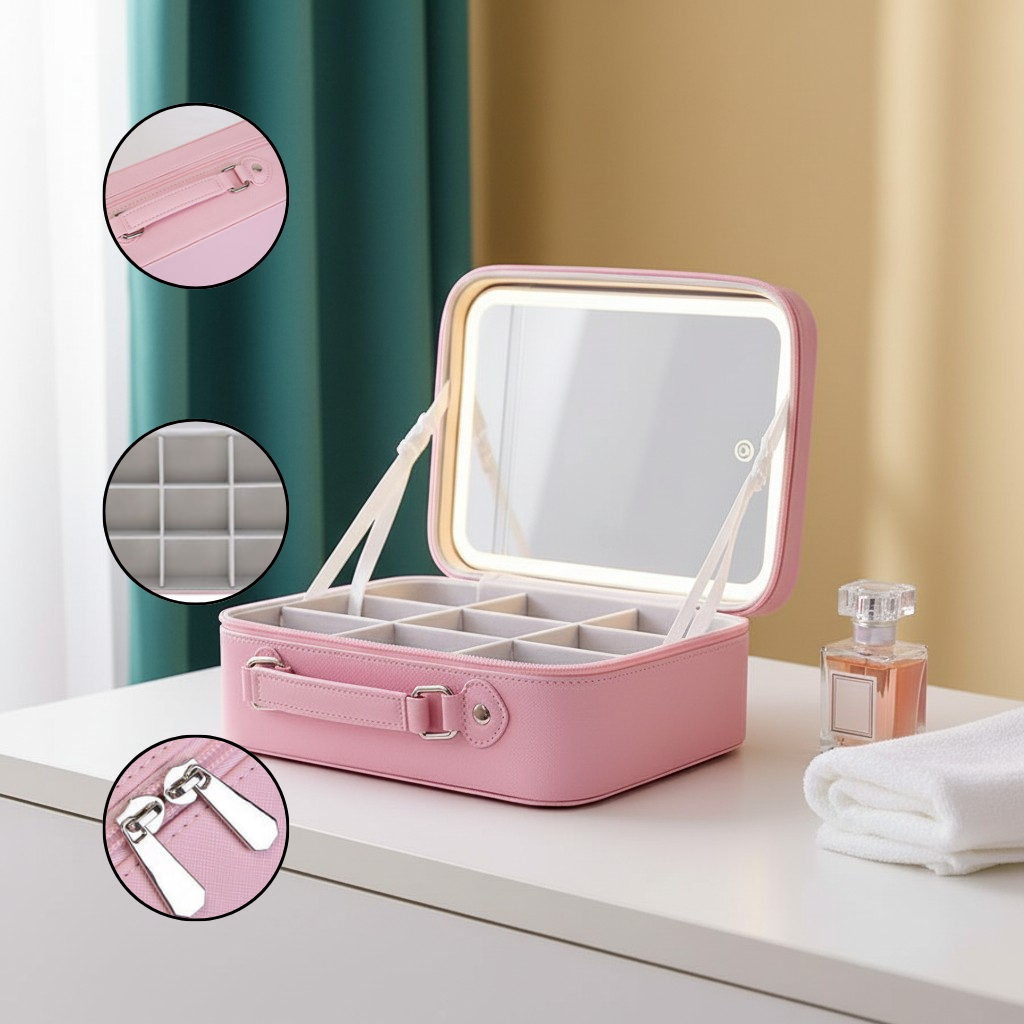 Travel Makeup Bag with LED Mirror – 3-Color Dimmable Lighting + Detachable 10× Magnifying Mirror & Waterproof Organizer | Trufairs