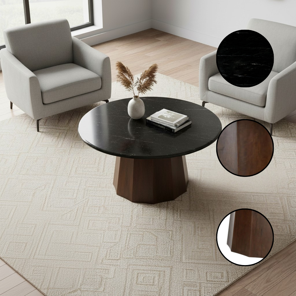 Modern Round Coffee Table – Elegant Black Marble & Warm Wood | Living Room Furniture | Trufairs