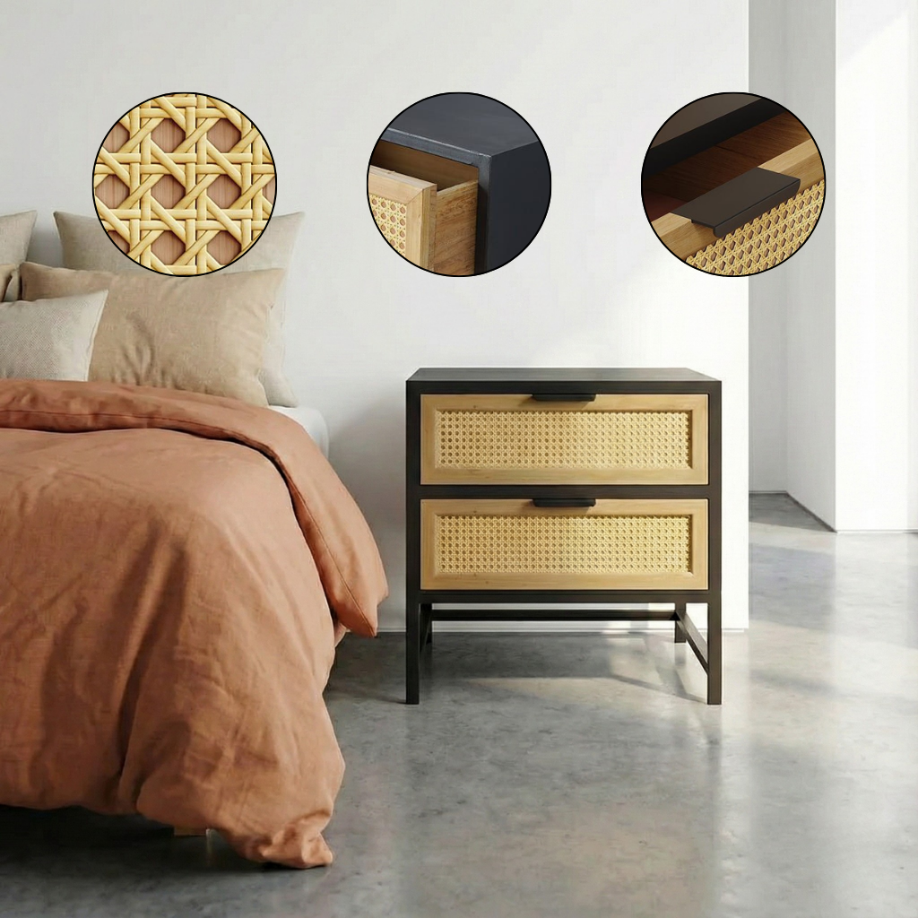 Modern Wood & Rattan Nightstand with 2 Drawers – Sleek Storage Table for Bedroom | Scandinavian Boho Decor | Trufairs