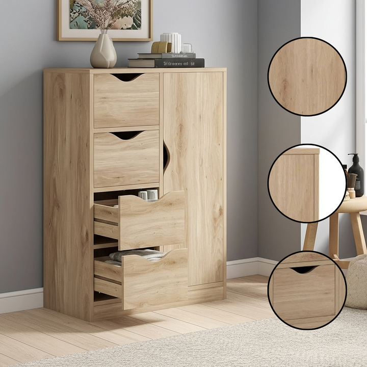 Multifunction Oak Storage Cabinet with 4 Drawers & Cupboard – Freestanding Organizer for Living Room, Bathroom & Bedroom | Trufairs