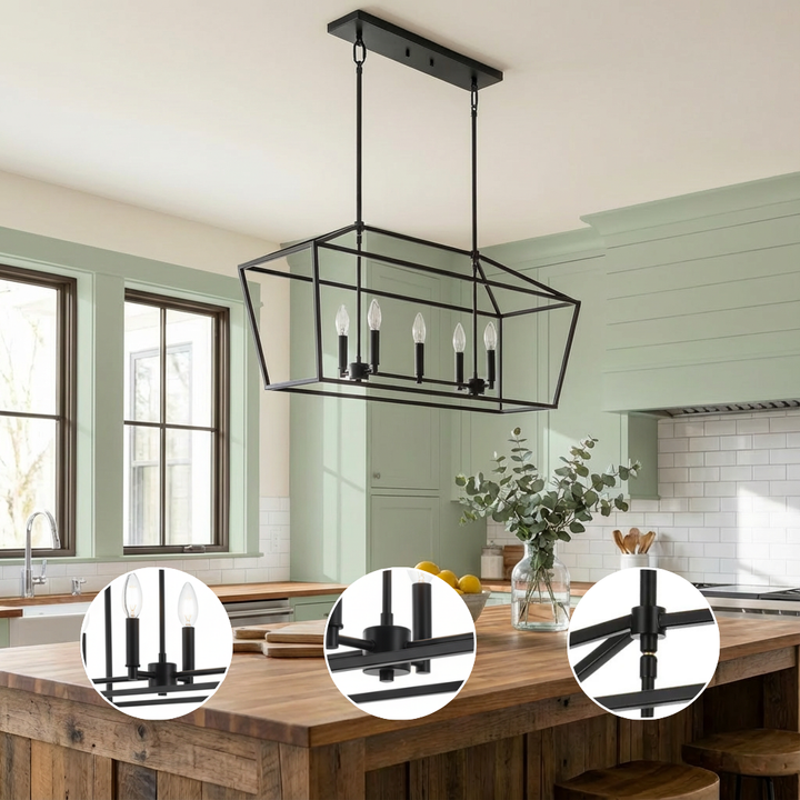 5-Light Kitchen Island Lighting Linear Traditional Classic Chandeliers, Farmhouse Dining Room Light Candle Pendant Lighting Hanging Matte Black Finish for Foyer Restaurant, E12 Base