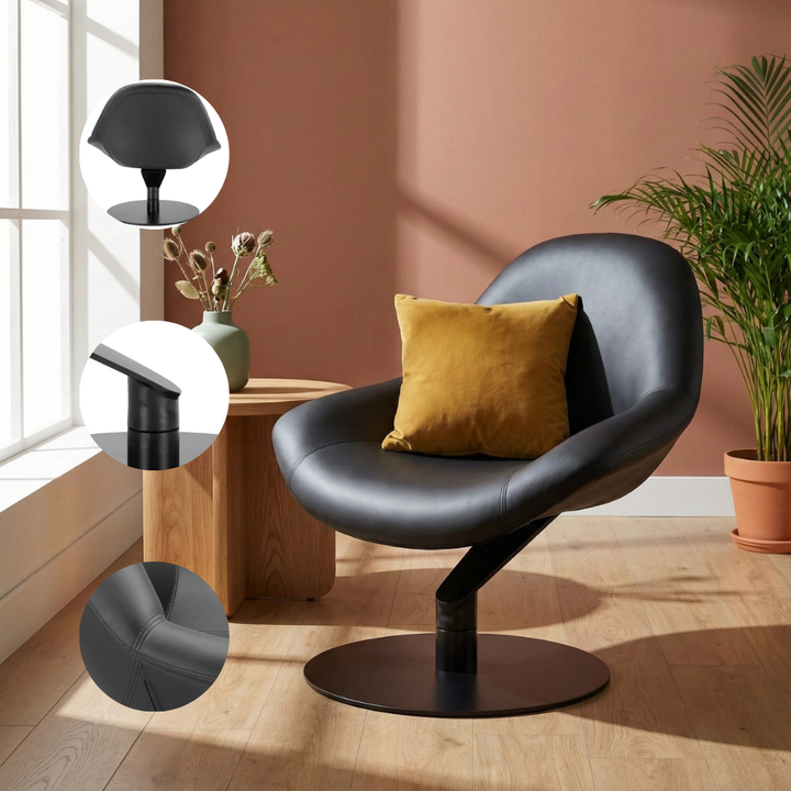 Modern Swivel Accent Chair – Black Polyurethane Upholstery & Steel Base | Living Room Seating | Trufairs