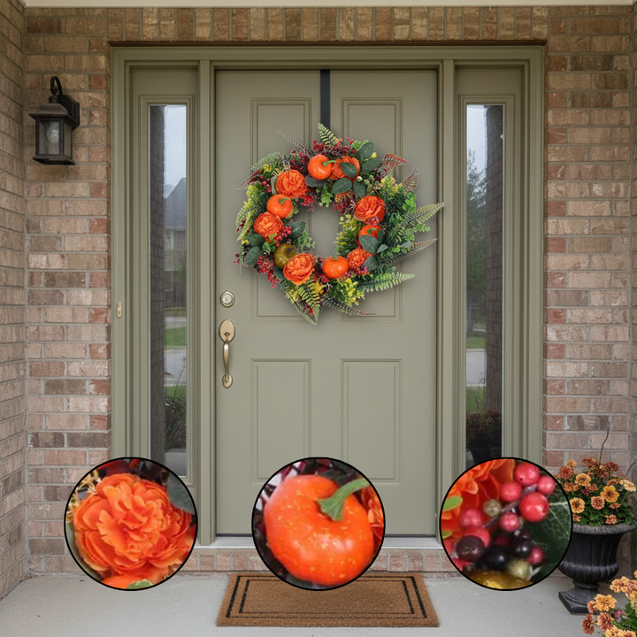 17.71" Autumn Wreath with Pumpkin, Leaves, Berries & Flowers – Fall Door & Wall Decoration | Trufairs
