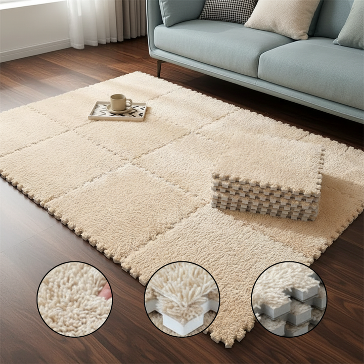 Soft Interlocking Shaggy Carpet Mats - Protective Floor Tiles for Kids' Play & Exercise; Home Parlor; Bedroom - Fluffy Area Rugs by Smabee