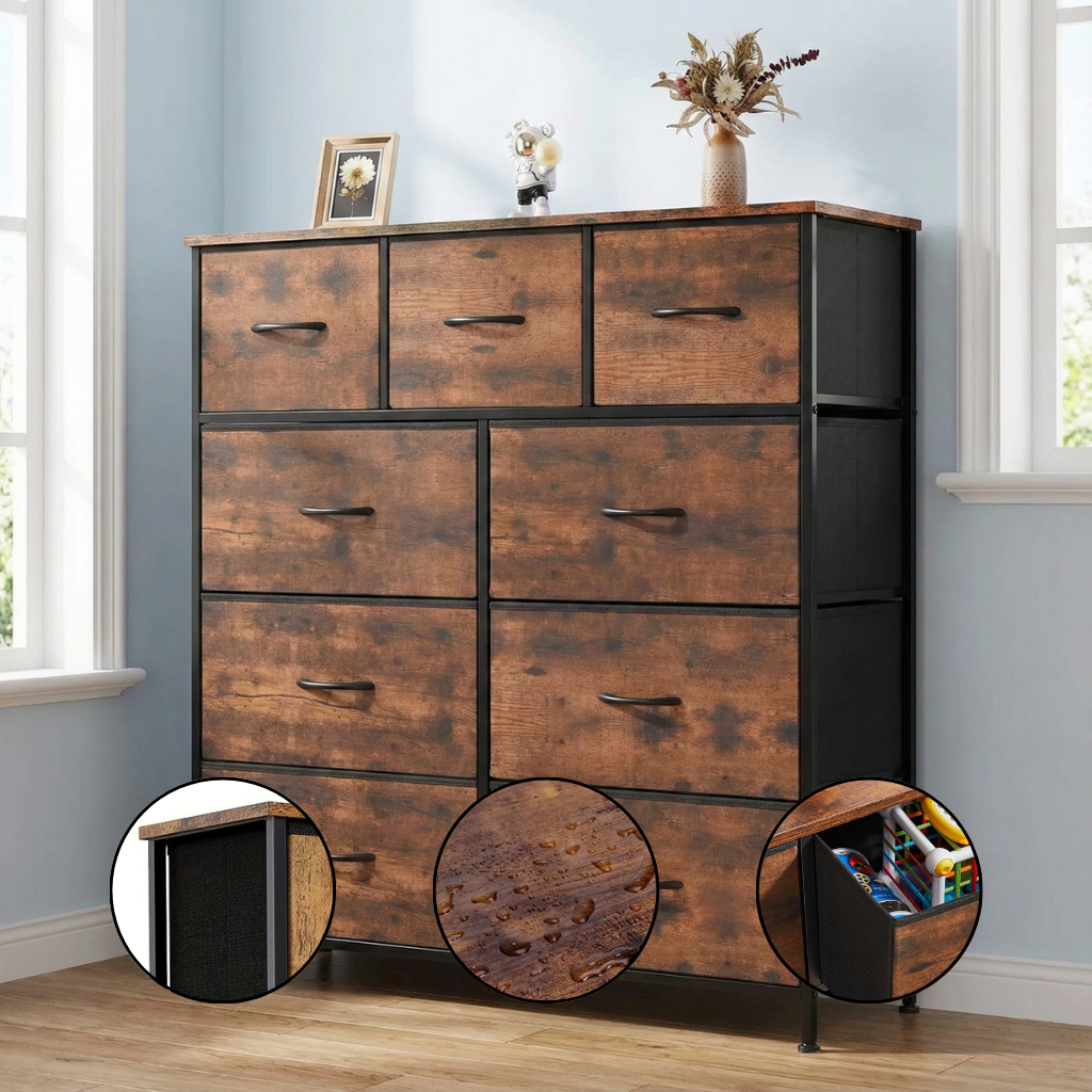 Tall 9-Drawer Fabric Dresser – Metal Frame, Wooden Top Organizer | Bedroom & Nursery Storage Tower | Trufairs