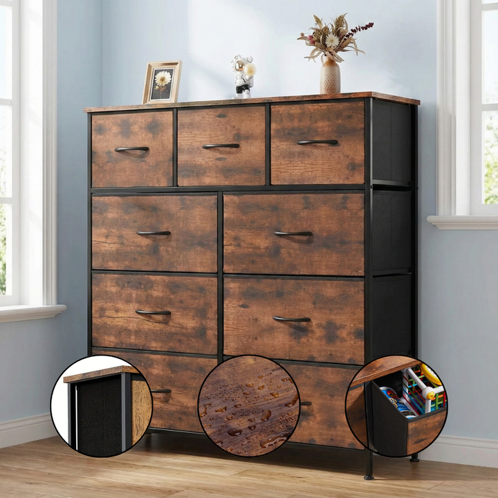 Tall 9-Drawer Fabric Dresser – Metal Frame, Wooden Top Organizer | Bedroom & Nursery Storage Tower | Trufairs