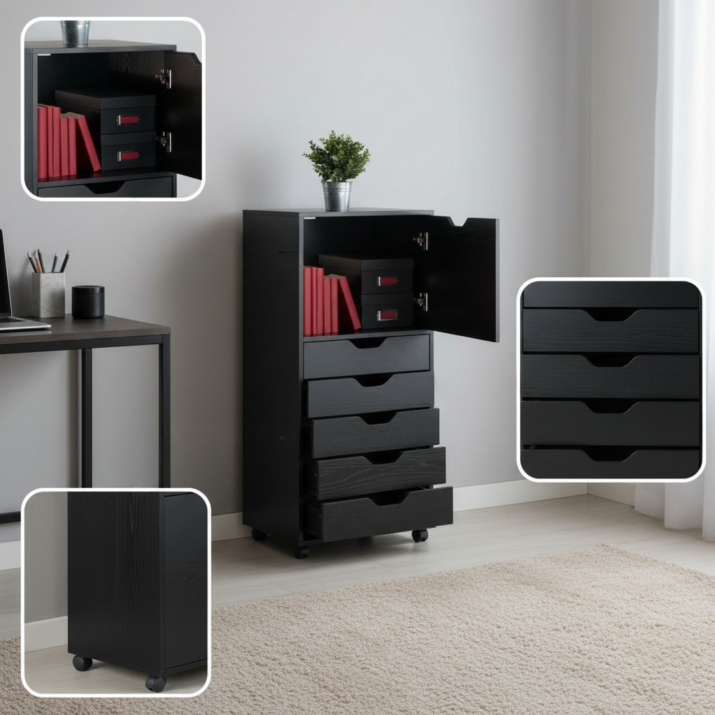 Halifax 5-Drawer Tall Storage Cabinet – Black Space-Saving Organizer for Bedroom, Office & Closet | Trufairs