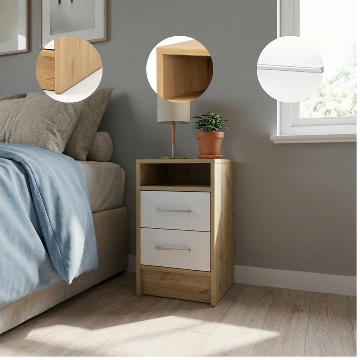 Nightstand Cartiz with Two Drawers in White & Light Oak Finish | Trufairs
