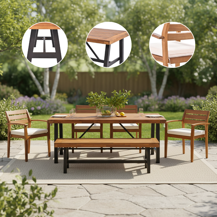 GO Outdoor Wood Dining Set For 7-8 Person, Outdoor Dining Furniture With Removable Cushions, Ergonomic Chairs And Bench, Thicker Table, Nature