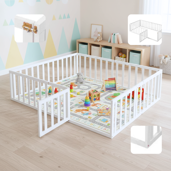 Twin Size Montessori Floor Bed Frame with Fence & Door – Secure Kids Playhouse Bed | White Wood Toddler Bed | Trufairs