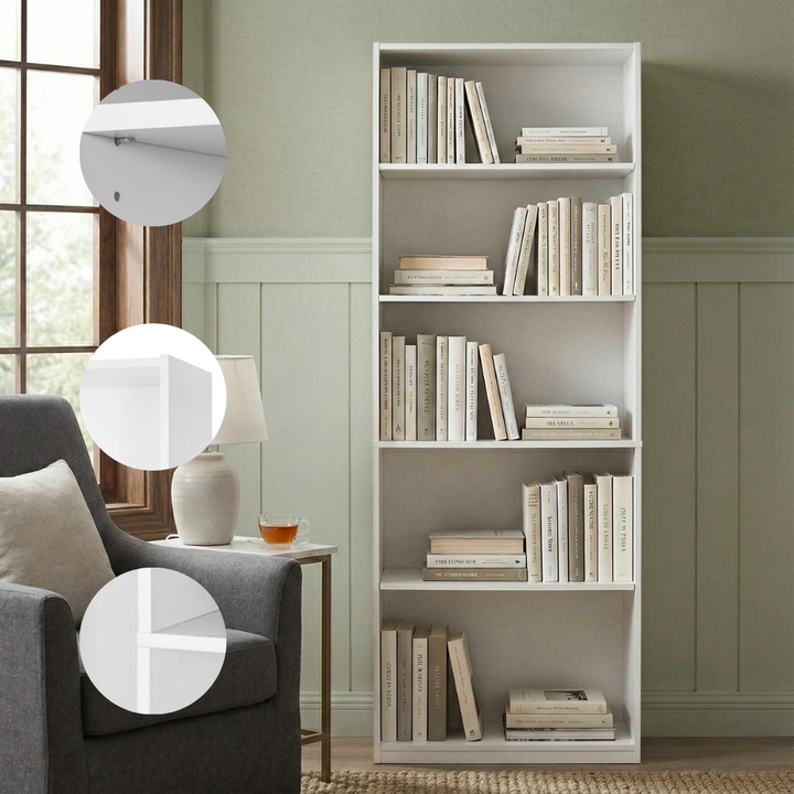 5-Shelf Adjustable White Bookcase – Customizable Storage Solution | Modern Organization Furniture | Trufairs