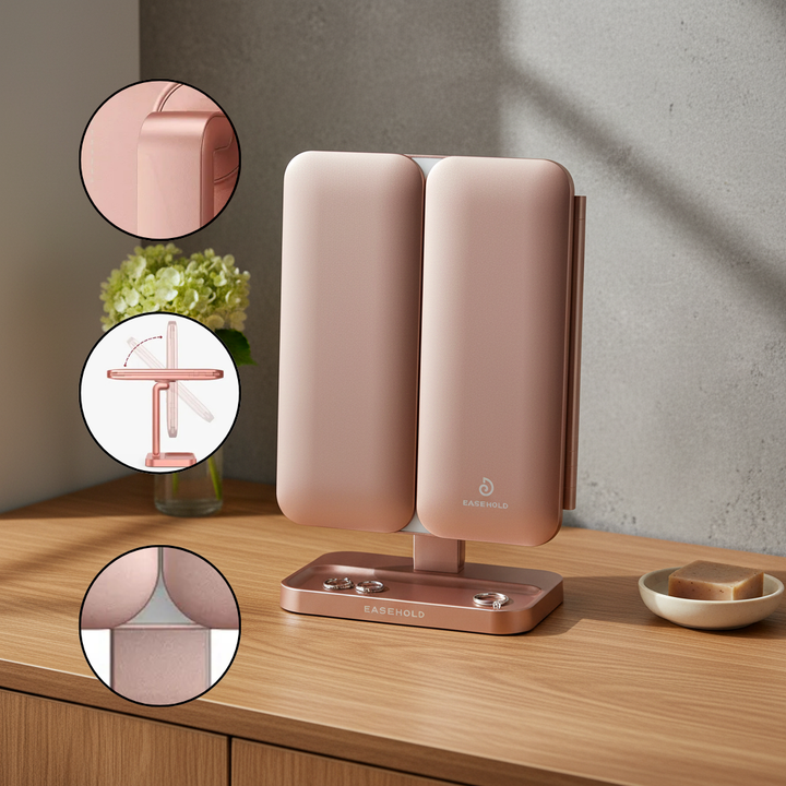 Tri-Fold LED Makeup Mirror with 1X 2X 3X 10X Magnification & Rechargeable 5000mAh Battery ,Rose Gold | Trufairs