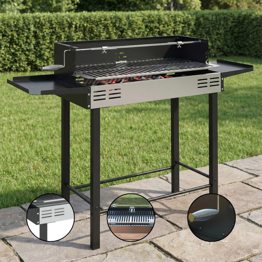 Outdoor BBQ Rotisserie Charcoal Grill with 3-Level Adjustable Grates & Storage Shelves – Stainless Steel Backyard Cooker | Trufairs