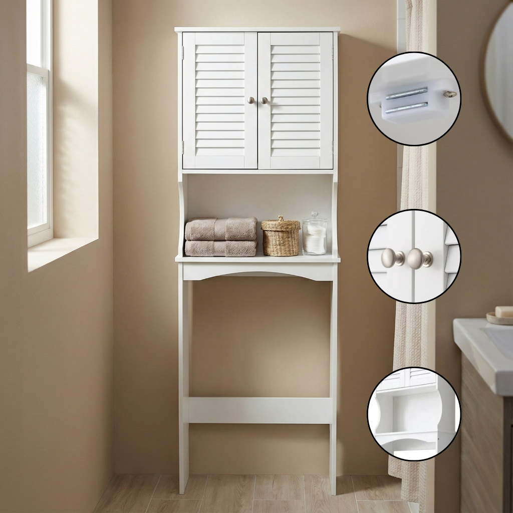 Freestanding Over-The-Toilet Bathroom Storage Cabinet with Louvered Doors – Space-Saving Vertical Organizer | Trufairs