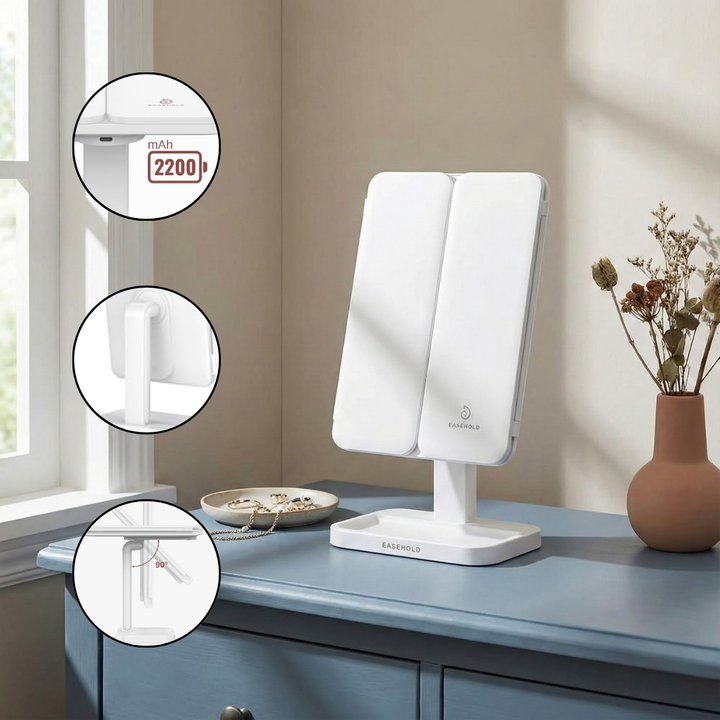 EASEHOLD Tri-Fold Lighted Makeup Mirror with 72 LEDs & 1X/2X/3X Magnification,Rechargeable Vanity Mirror | Trufairs