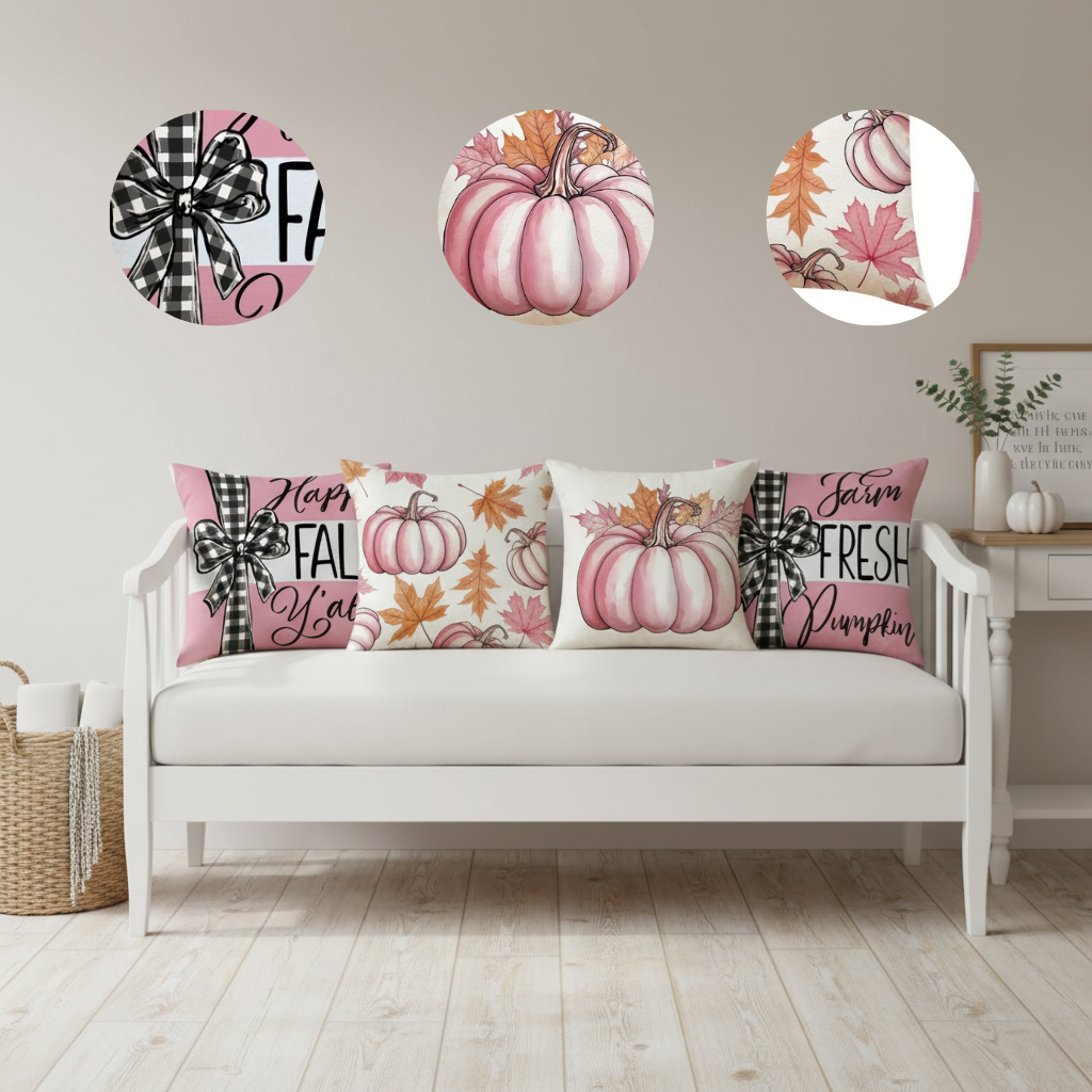 Farmhouse Pink Pumpkin Maple Leaf 18x18in Pillow Cover Set – Autumn Harvest Decor | Cushion Case | Trufairs