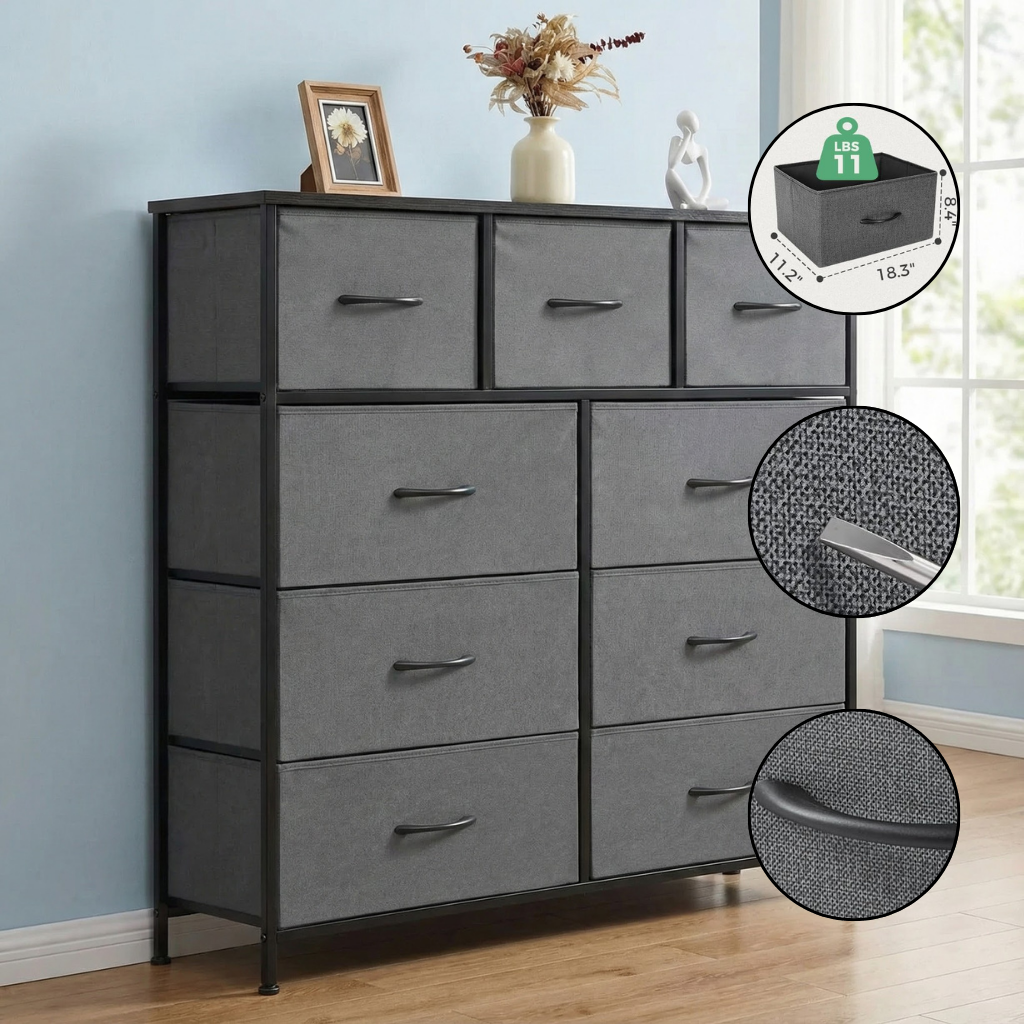 Tall 9-Drawer Fabric Dresser – Metal Frame, Wooden Top Organizer | Bedroom & Nursery Storage Tower | Trufairs