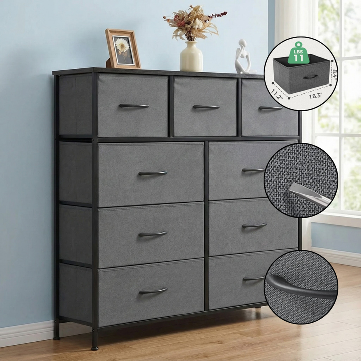 Tall 9-Drawer Fabric Dresser – Metal Frame, Wooden Top Organizer | Bedroom & Nursery Storage Tower | Trufairs