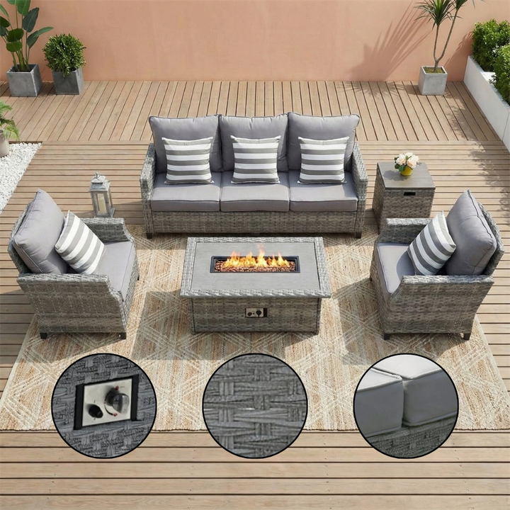 Contemporary Wicker Fire Pit Sectional – 5-Piece Patio Seating Set | Gray Cushions | Trufairs