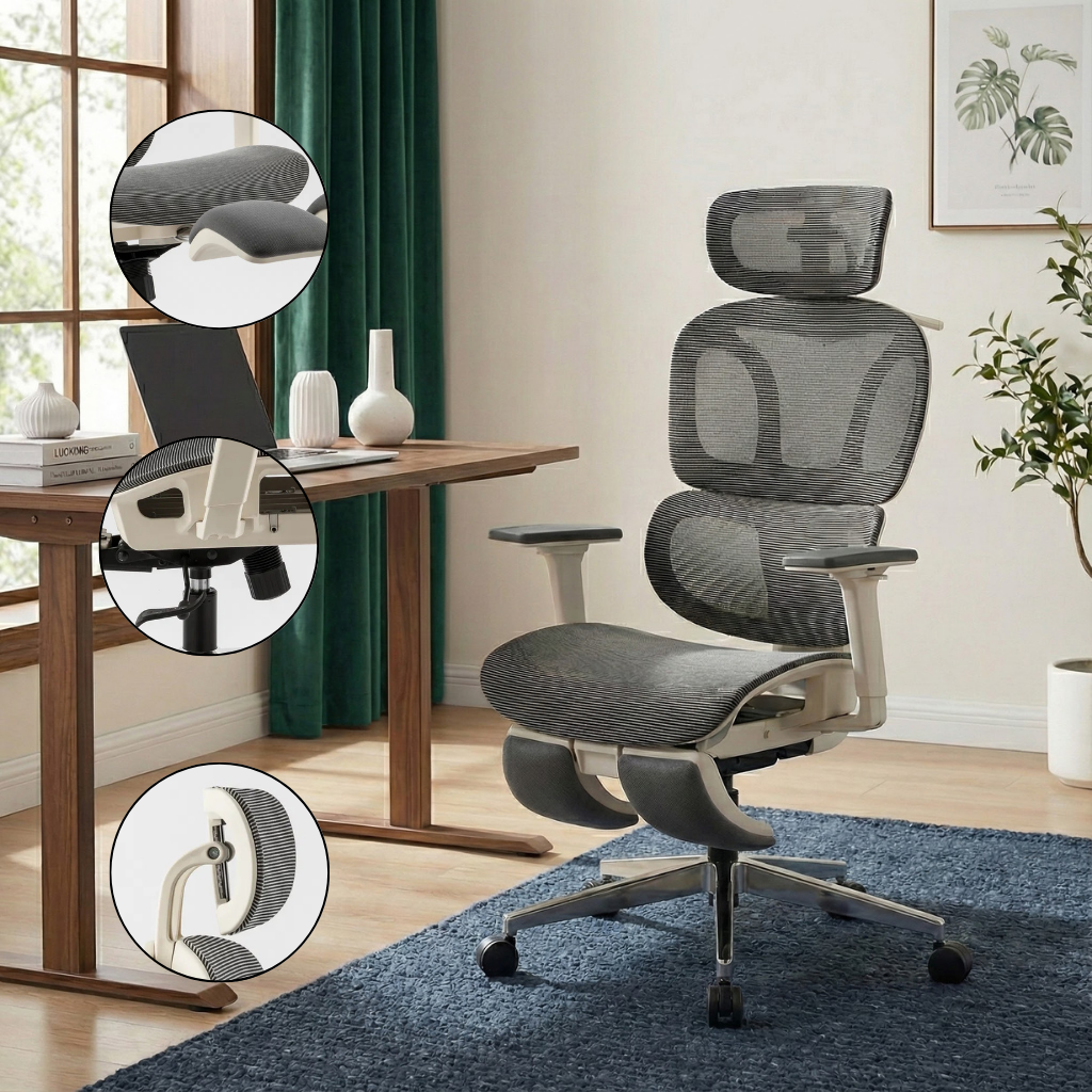 Full Mesh Ergonomic Office Chair – Adjustable Headrest, 3D Armrests, Footrest & Hanger | Professional Mesh Desk Chair | Trufairs