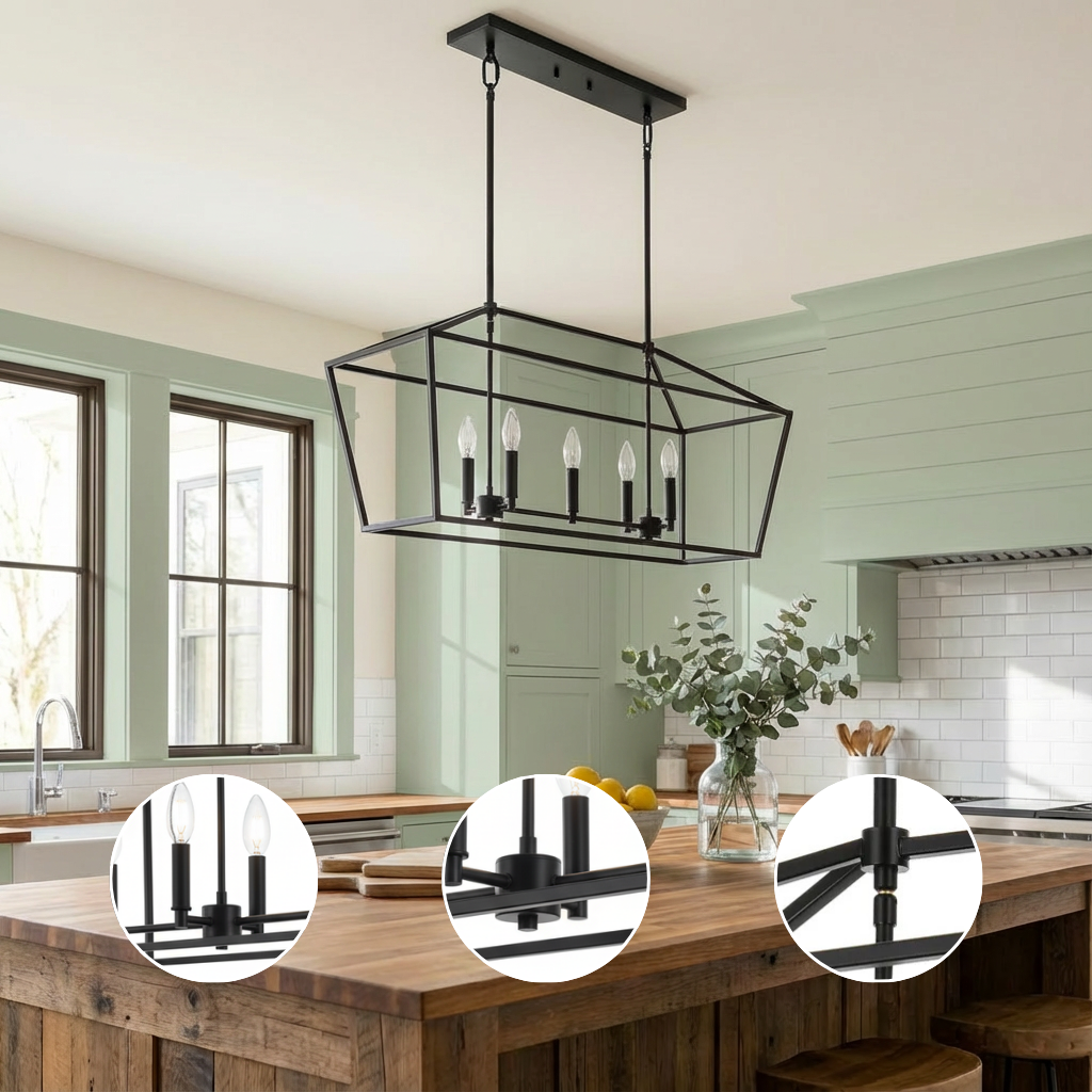5-Light Kitchen Island Lighting Linear Traditional Classic Chandeliers, Farmhouse Dining Room Light Candle Pendant Lighting Hanging Matte Black Finish for Foyer Restaurant, E12 Base