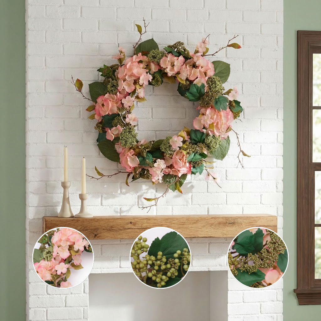 Spring Hydrangea Seedum Wreath – Lush Seasonal Elegance | Indoor Floral Decor | Trufairs