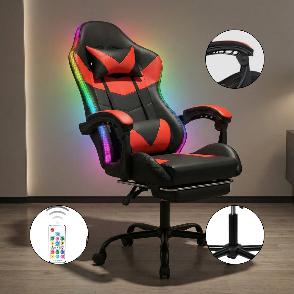 RGB LED Gaming Chair with Footrest – Adjustable Backrest & Lumbar Support | Racing Style Ergonomic Computer Chair | Trufairs