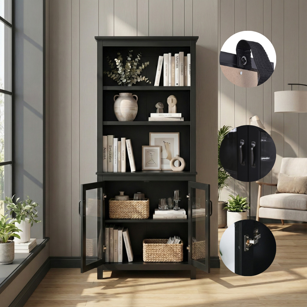 HOMCOM 71" Glass Door Hutch Cabinet – Adjustable Shelves Storage | Modern Home Organization | Trufairs