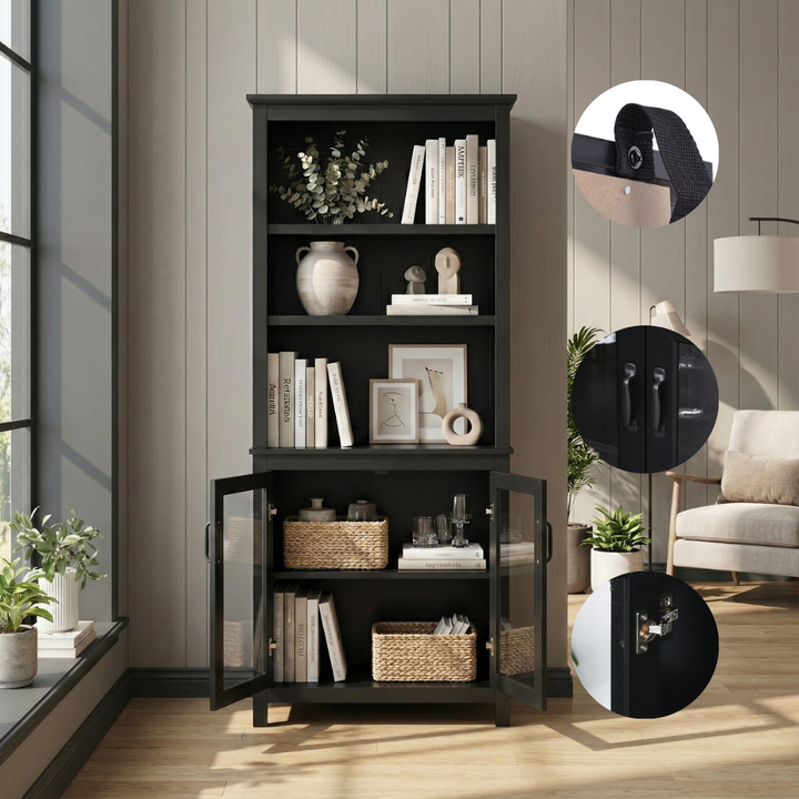 HOMCOM 71" Glass Door Hutch Cabinet – Adjustable Shelves Storage | Modern Home Organization | Trufairs