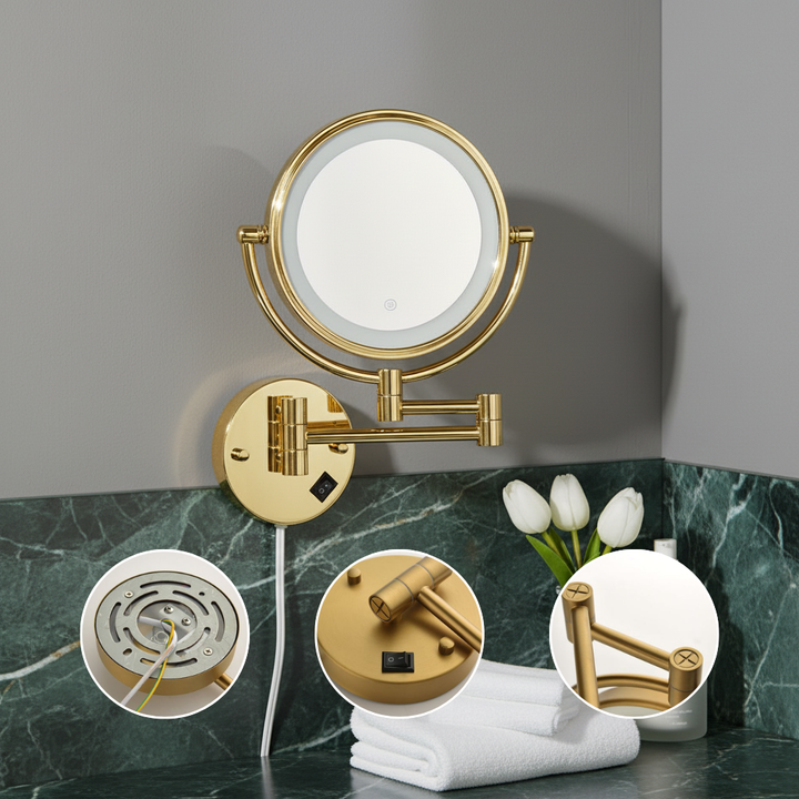 8 Inch LED Wall Mount Two-Sided Magnifying Makeup Vanity Mirror 12 Inch Extension Gold Finish 1X/3X Magnification Plug 360 Degree Rotation Waterproof Button Shaving Mirror