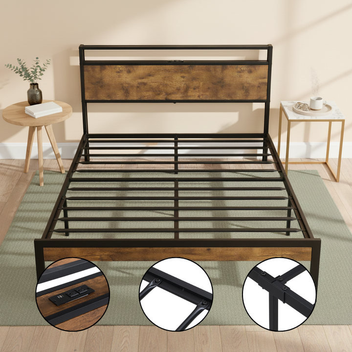 Queen Size Metal Platform Bed Frame with Wooden Headboard and Footboard with USB LINER, No Box Spring Needed, Large Under Bed Storage, Easy Assemble