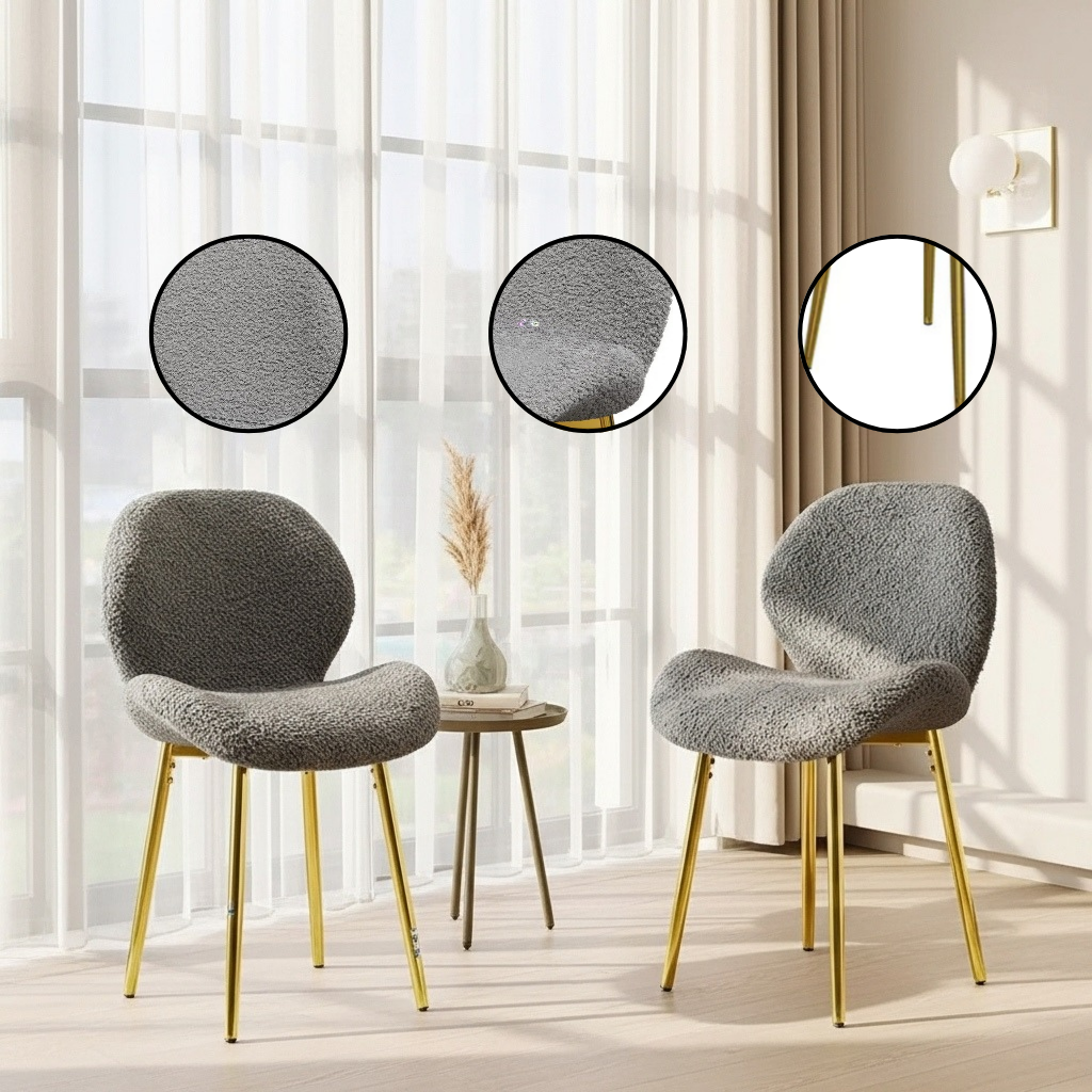 Modern Minimalist White Teddy Velvet Dining Chairs Set of 2 with Gold Metal Legs | Trufairs
