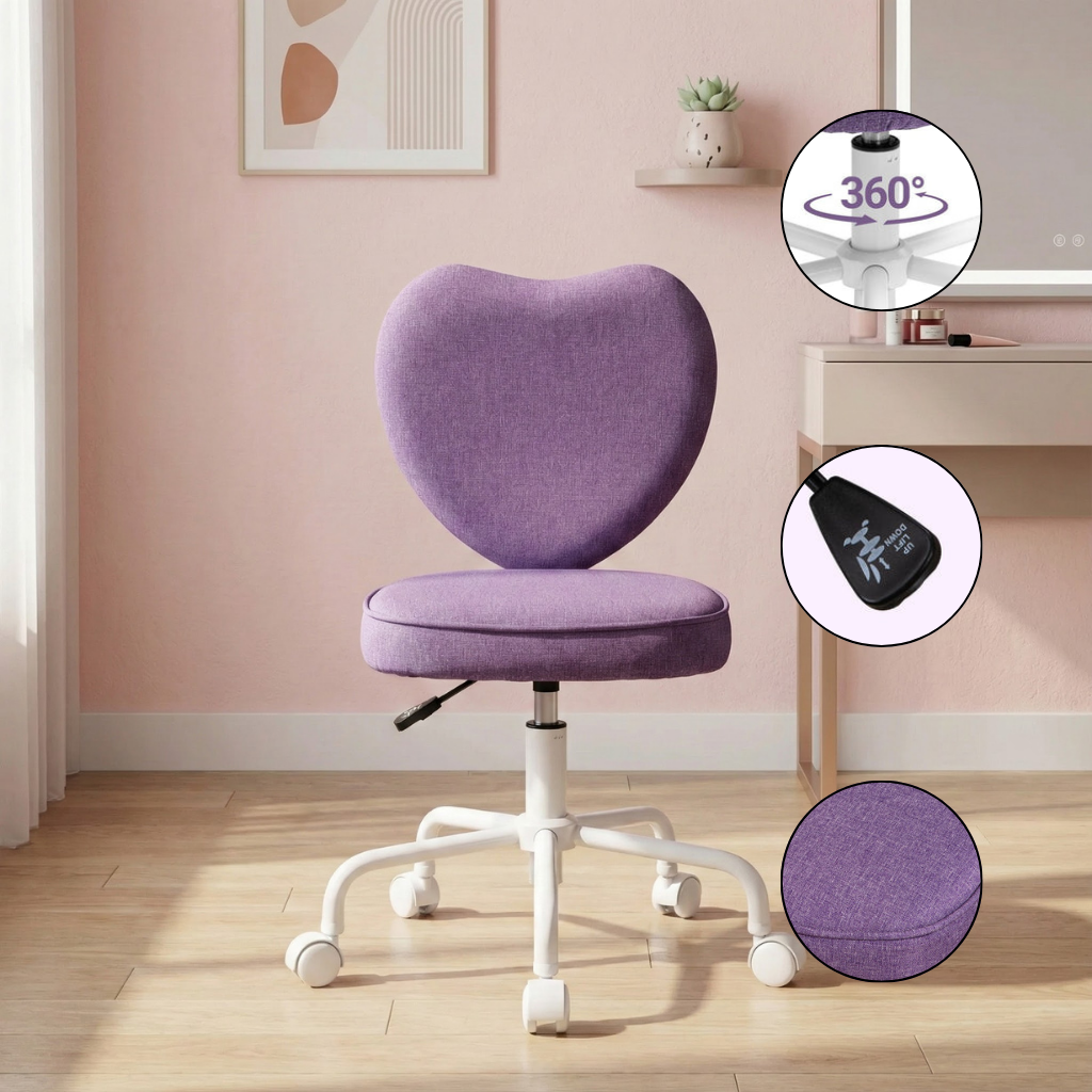 Heart Back Adjustable Office Chair – Upholstered Purple Desk Chair, Rolling Vanity Seat | Trufairs