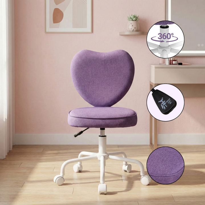 Heart Back Adjustable Office Chair – Upholstered Purple Desk Chair, Rolling Vanity Seat | Trufairs