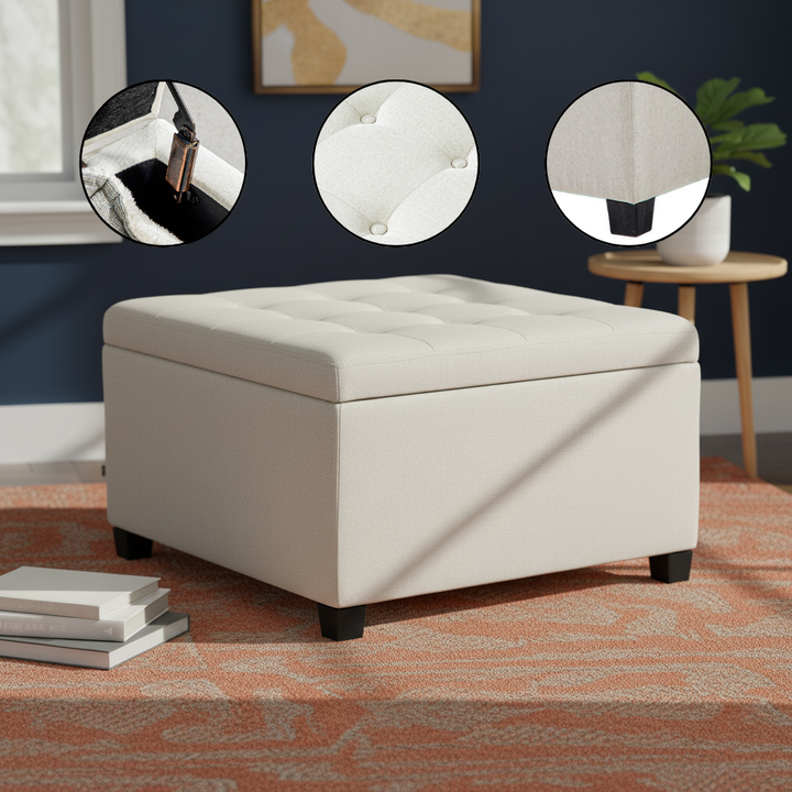 HOMCOM Round Storage Ottoman Bench, Button Tufted Ottoman with Flip Top for Living Room, Entryway and Bedroom, Beige