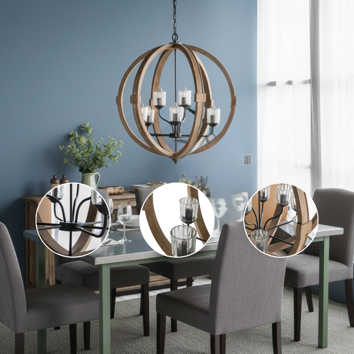 9- Light Globe Chandelier, Wood Chandelier Hanging Light Fixture with Adjustable Chain for Kitchen Dining Room Foyer Entryway, Bulb Not Included