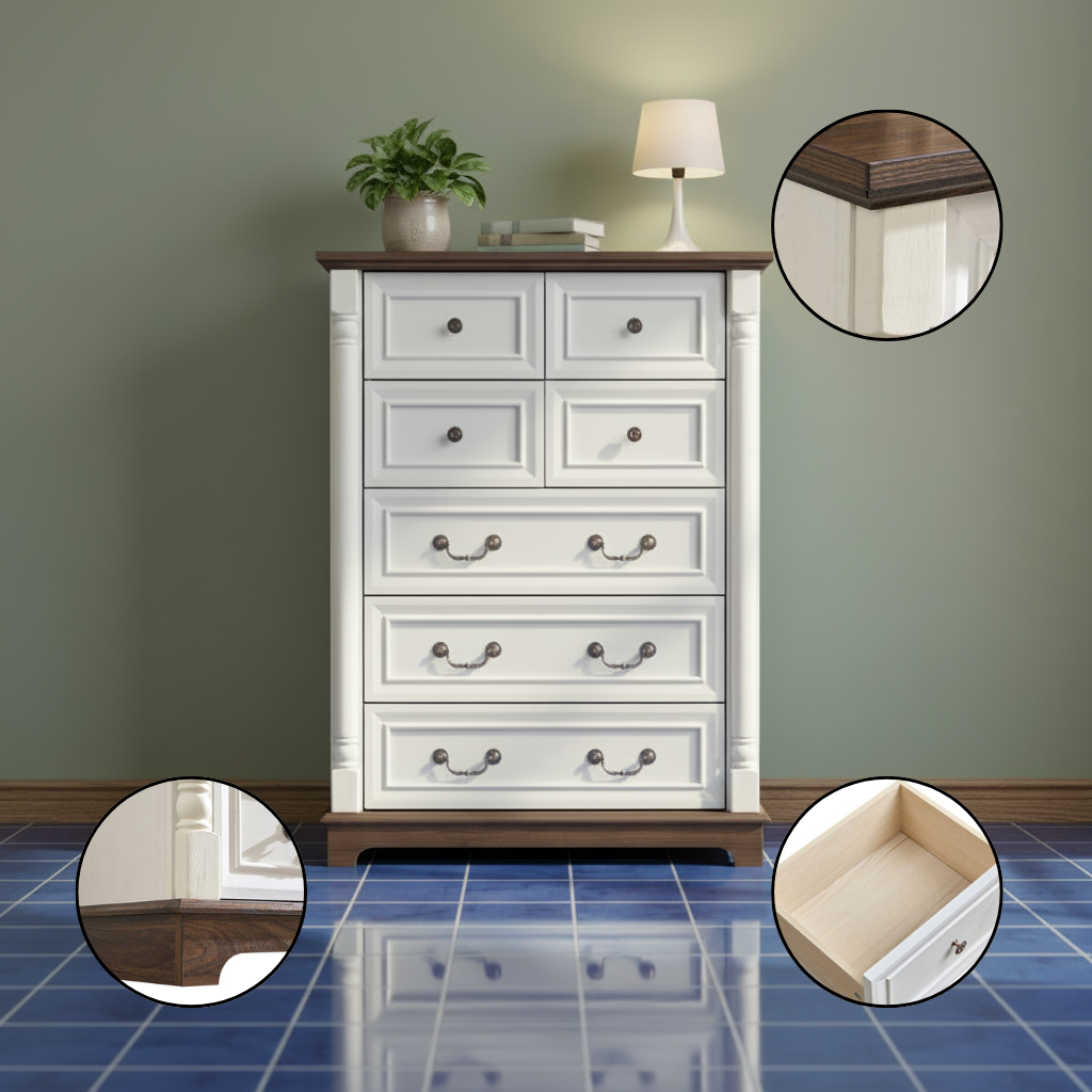 7 Drawer Dresser Chest for Bedroom with Wooden Base and Riser Trim, Wooden Rustic Rustic Chest of Drawers, Storage Dresser for Bedroom, Living Room