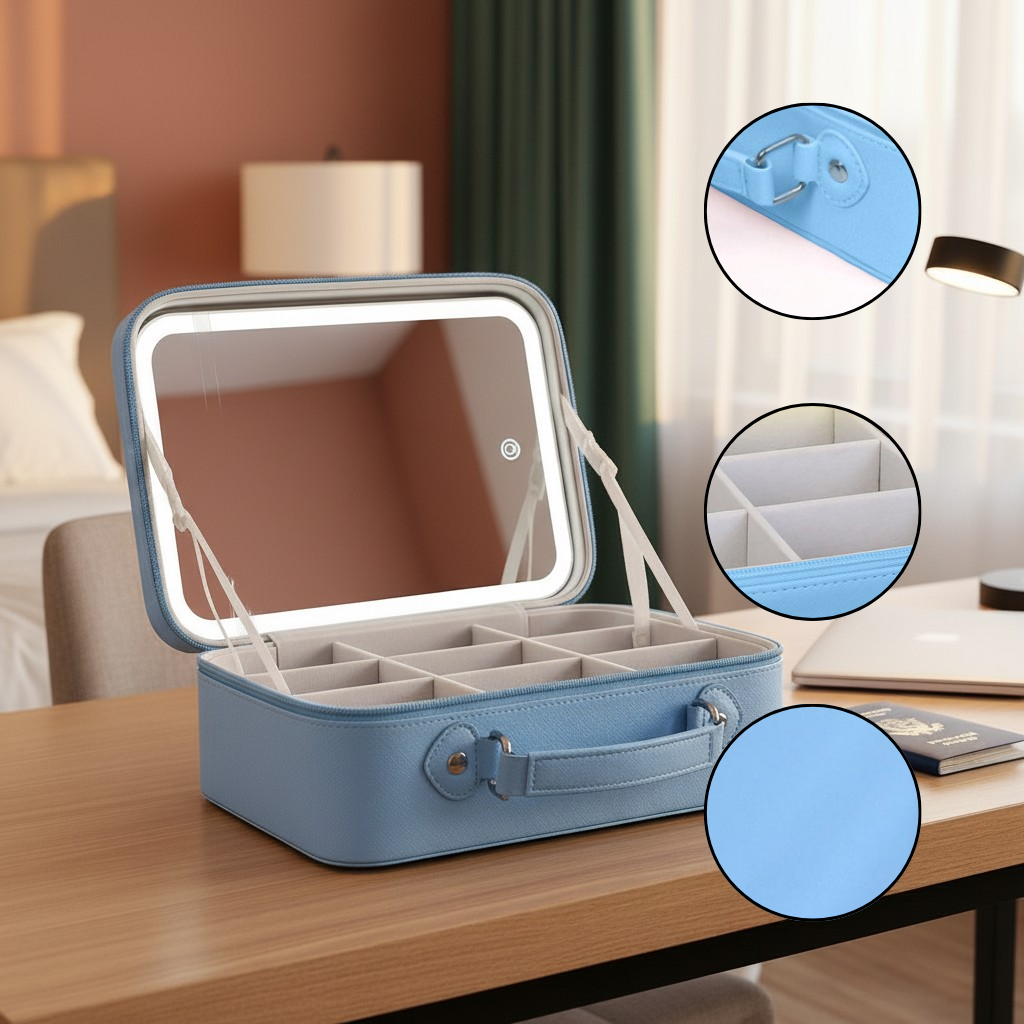 Travel Makeup Bag with LED Mirror – 3-Color Dimmable Lighting + Detachable 10× Magnifying Mirror & Waterproof Organizer | Trufairs