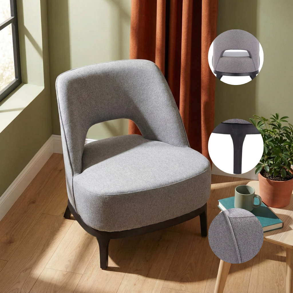 Gray Polyester Upholstered Accent Chair – Ash Wood Base & Steel Legs | Living Room Furniture | Trufairs