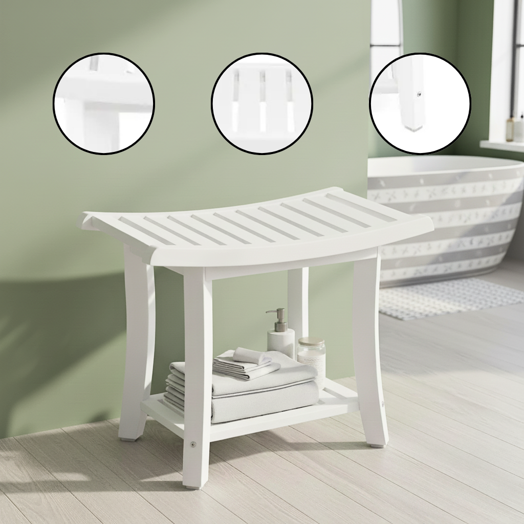 Heavy-Duty Waterproof Bath Stool – Curved Seat & 2-Tier Storage Shelf | Non-Slip Shower Bench | Trufairs